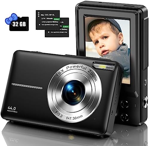 Digital Camera, Kids Camera with 32GB Card FHD 1080P 44MP Vlogging Camera with LCD Screen 16X Zoom Compact Portable Mini Rechargeable Camera Gifts for Students Teens Adults Girls Boys-Black