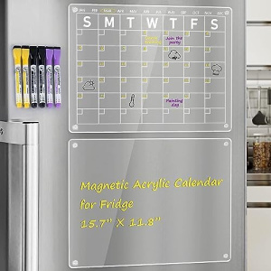 Oleksand Acrylic Magnetic Dry Erase Calendar Board for Fridge, 16”x12" Clear 2 Set Acrylic Calendar Planner Board for Refrigerator, Reusable Calendar Whiteboard Includes 6 Markers 3 Colors
