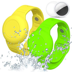 Waterproof AirTag Bracelet for Kids, Wristband for Apple Air Tag Hidden Silicon Holder for Toddler Child Elder GPS Tracking Tagging Watch Band (Yellow, Fluorescent Green)