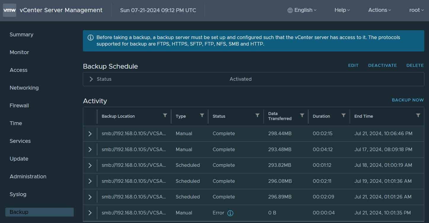 How to Backup a vCenter Server Appliance to a Windows Share