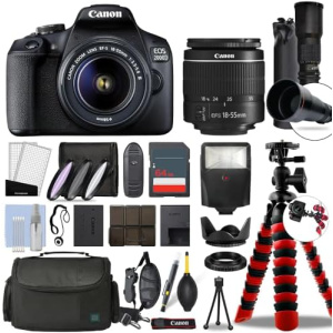Canon EOS 2000D / Rebel T7 Digital SLR Camera Body with Canon EF-S 18-55mm f/3.5-5.6 Lens & 500mm Telephoto DSLR Kit 64GB Card Complete Accessory Bundle + Flash & More - International Model (Renewed)