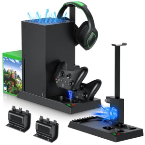 MENEEA Cooling Fan & Charging Stand for Xbox Series X Console and Controller,Vertical Cooler System Dual Charger Station Dock Accessories Kit with 2 x 1400mAh Rechargeable Battery and Cover Storage