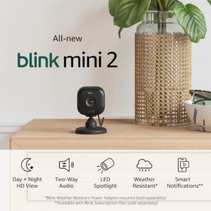 All-new Blink Mini 2 — Plug-in smart security camera, HD night view in color, built-in spotlight, two-way audio, motion detection, Works with Alexa — 2 cameras (Black)