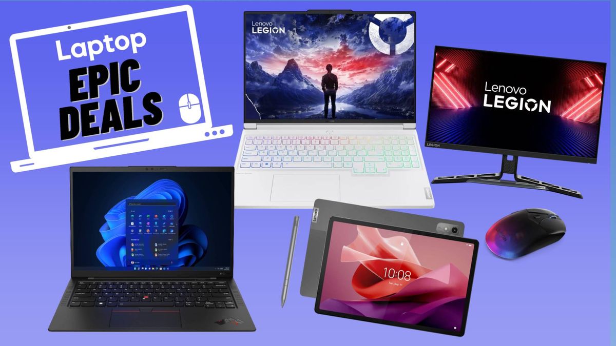 Lenovo ThinkPad X1 Carbon, Legion 5i Pro gaming laptop, Tab P12 tablet with pen, Legion gaming monitor, and Lenovo RGB wireless gaming mouse against a blue gradient background